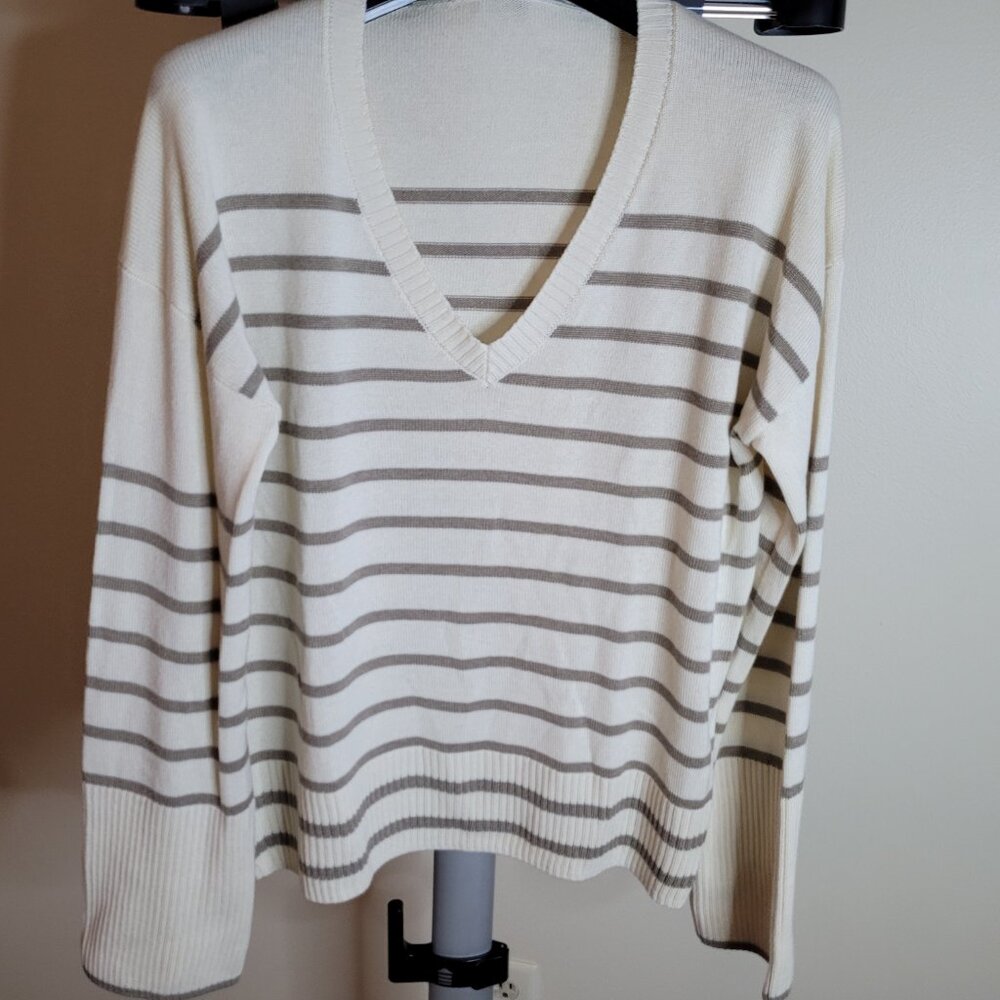 La Ligne Lean Lines V-Neck Silk/Cashmere Sweater - Creme W/Greige Stripes